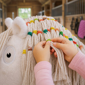 Un niño trenza la crin de un caballo de peluche Crafty Ponies con gomas elásticas de colores en un establo.